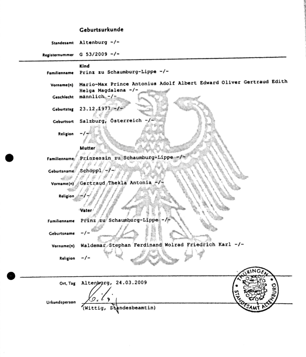Prince Mario Max Schaumburg Lippe birth certificate Republic of Germany